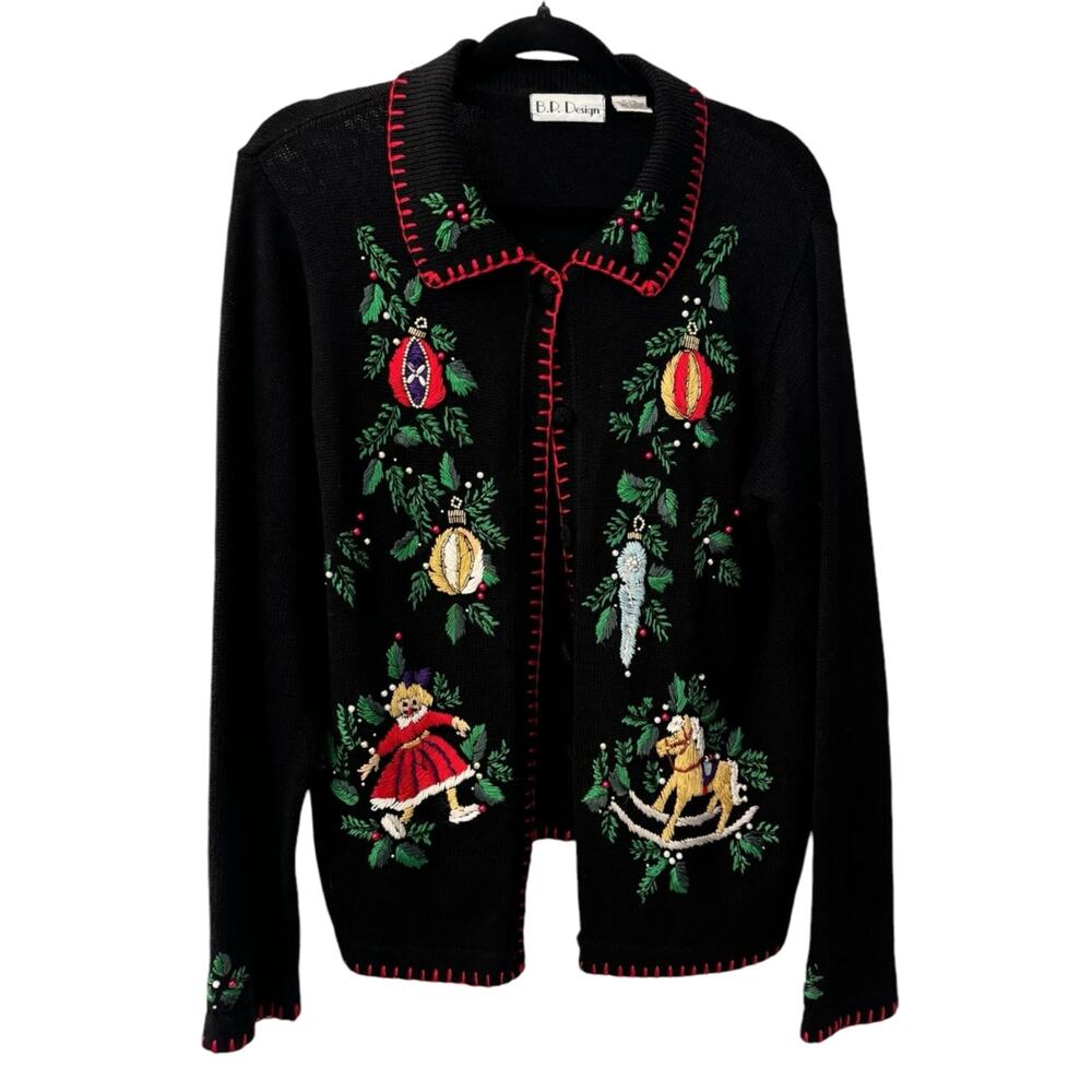 Christmas Holiday Sweater BP Designs Sm Ramie Blend Cardigan Teacher Winter VTG - Picture 2 of 7